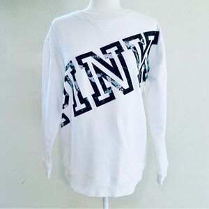Victoria’s Secret PINK Campus Crew White Black Fleece Pullover Sweatshirt
